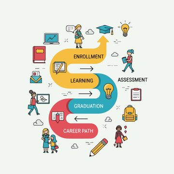 An educational flow chart with illustrated steps, students, and symbols