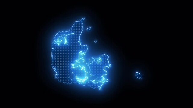 Glowing Blue Neon Denmark Map Animation in Futuristic Technology Style with Transparent Alpha Background Looping 4K Video