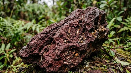 Obraz premium Crimson Lava Rock with Rough Weathered Texture Amongst Green Foliage