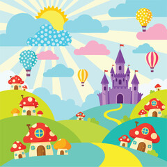 Obraz premium Cartoon landscape with castle, mushroom houses, hot air balloons, and sky