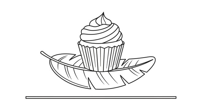 Stylized cupcake on a feather, minimalist line art, black and white, isolated on white background