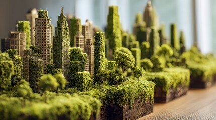 Fototapeta premium Sustainability eco friendly city model highlighting long term environmental benefits and economic growth concept positive and negative impacts close up nature harmony theme realistic Fusion moss cover