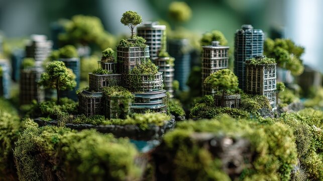 Sustainability eco friendly city model highlighting long term environmental benefits and economic growth concept positive and negative impacts close up nature harmony theme realistic Fusion moss cover