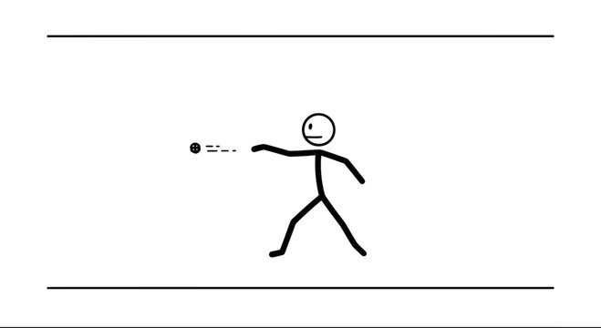 Stick Figure Man Throwing Ball in Sports Arena, Action Shot