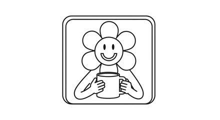 Fototapeta premium Smiling Flower Character Holding a Coffee Mug, Cute Line Art Illustration