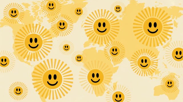Joyful suns with smiling faces spread across a stylized world map, representing global happiness and positivity.