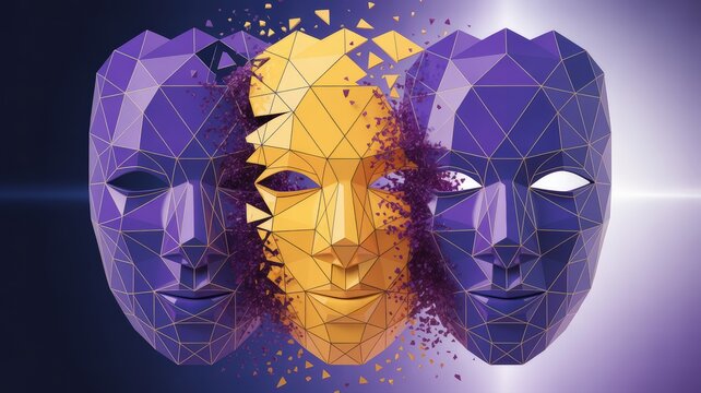 Abstract digital art of a golden mask dissolving into geometric fragments, framed by two purple masks.