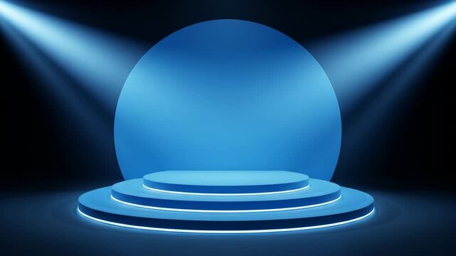 Blue Neon Light Stage with Spotlights and Circular Backdrop for Product Display.