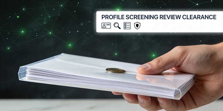 Profile screening review clearance banner with sealed due diligence dossier in translucent sleeve and compliance icons on dark digital network background