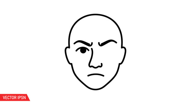 Skeptical Man Face Icon, Doubtful Expression, Suspicious Gaze, Unsure Emotion, Line Art