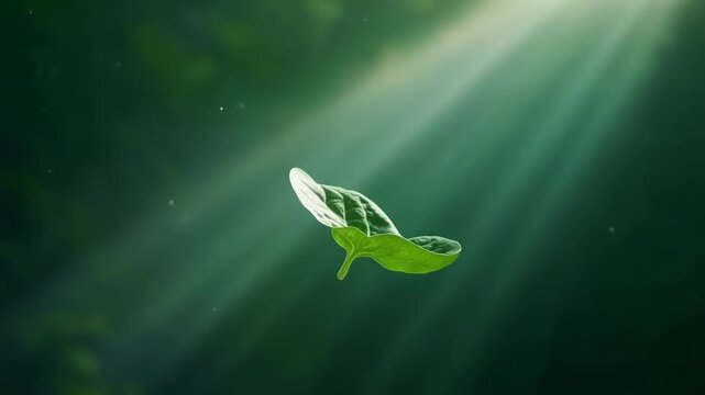 Spinach Leaf Drift. Minimalist Food Prep. Minimalist / Greens. A single green spinach leaf floating slowly through a column of light, set against a dark forest-green background
