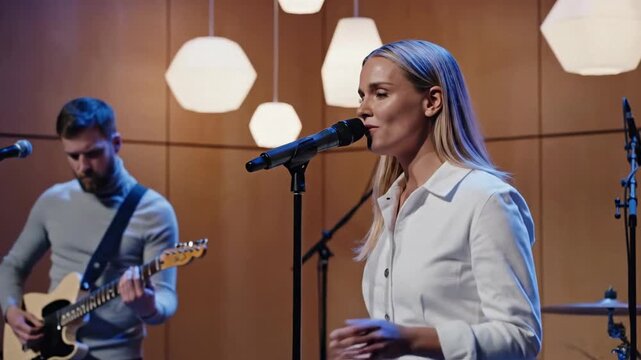Female singer performs at microphone in modern studio, band plays guitar and drums behind her, warm stage lights create an intimate live session mood