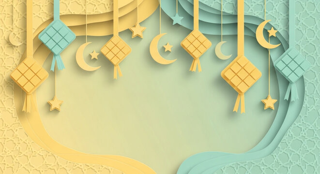 Vibrant paper-cut layered background featuring traditional ketupat decorations, crescent moons, and stars in pastel yellow and teal colors.