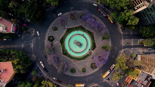 Ciudad de Mexico, glorieta de cibeles con jacarandas, flores moradas en primavera