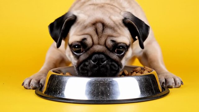 Cute pug puppy eating kibble from a shiny metal bowl on a bright yellow studio background, playful hungry mood, ideal for pet care and feeding concepts