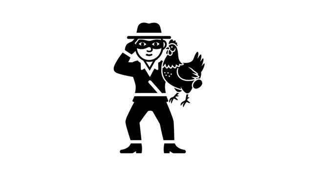 Thief in Hat Stealing Chicken, Funny Concept, Black and White Icon