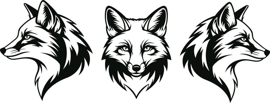 A collection of three monochromatic black and white fox head illustrations in different perspectives