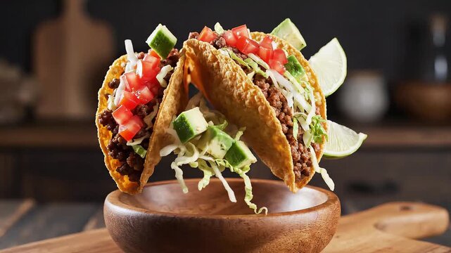Three delicious hard-shell beef tacos with fresh toppings floating above a wooden bowl in a kitchen setting.
