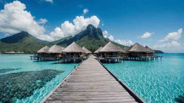 Bora Bora Overwater Bungalows and Mount Otemanu with Turquoise Lagoon and Long Wooden Pier