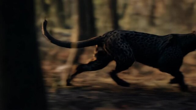 A sleek black leopard sprinting through a sunlit forest. The animal is captured mid-stride, showcasing its agility and power