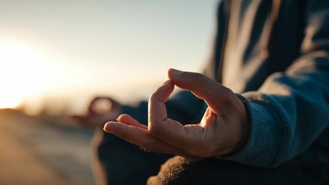 A person meditating in a peaceful moment with the sun setting. The image evokes feelings of tranquility, mindfulness and peace