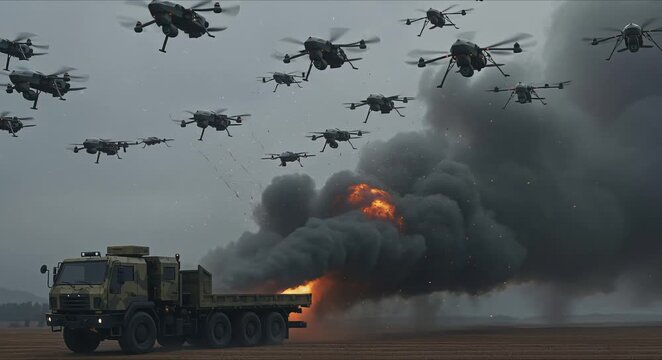 a swarm of small tactical drones launched from a generic flatbed truck, gray smoky sky