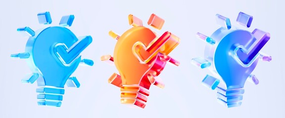 Set 3D Glass light bulb idea checkmark icon isolated on transparent background, concept of the solution creative thinking and success. Transparent Liquid Glass icon. 3D rendering.