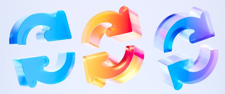 Set 3D Glass reload sync rotation icon isolated on transparent background, concept of the processing loop and system backup. Transparent Liquid Glass icon. 3D rendering.