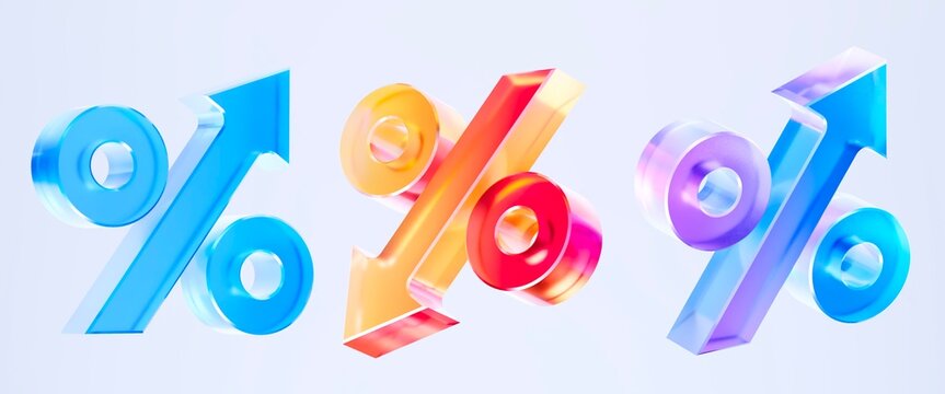 Set 3D Glass percentage arrow growth icon isolated on transparent background, concept of the finance market analysis and interest rates. Transparent Liquid Glass icon. 3D rendering.