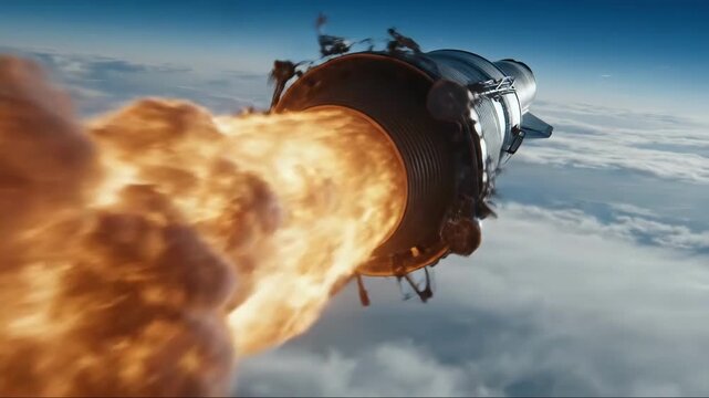 Rocket engine launching into space with fire and smoke, view from the side 