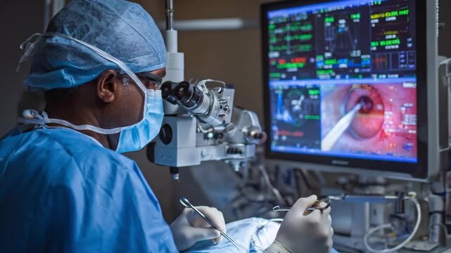 A close-up view of a surgeon performing a medical operation with advanced surgical equipment 