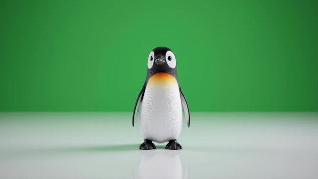 Cute 3D Animated Little Penguin Chick Standing on Green Screen Background