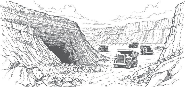 Rare Earth Mineral Open Pit Mine Vector Line Art, Layered Excavation Mining Quarry with Heavy Mining Trucks, Industrial Mineral Extraction Site, Surface Mining Operation, Natural Resource Mining Lands
