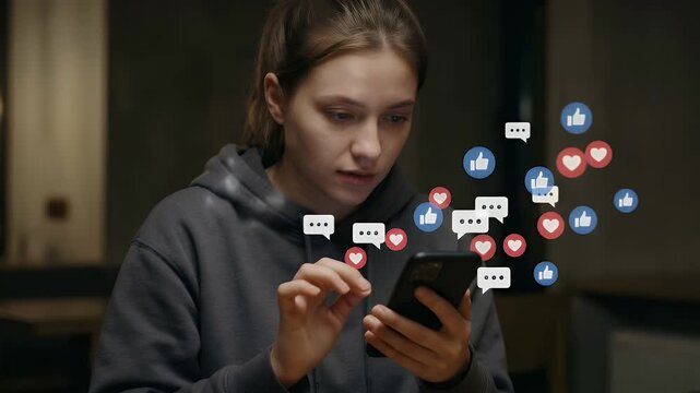Medium close-up of a person using a smartphone while floating reaction icons including likes, hearts and chat bubbles surround the device, subtle slow push-in camera movement with dark neutral backgro