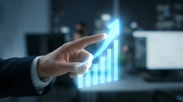 Close-up of a professional pointing at a glowing upward arrow and rising bar chart overlay against a dark gradient background, slow cinematic push-in camera movement with cool corporate lighting and s