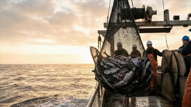 Fisherman team hauling a large net full of fresh fish onto a boat during sunset. Marine industry work process at sea. Commercial fishery harvesting food supply.