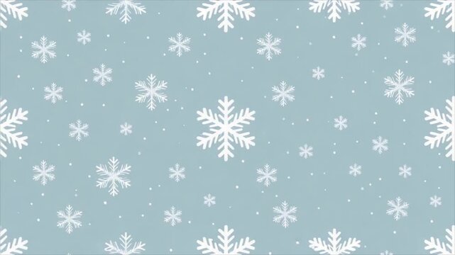 White snowflakes falling on blue background. Winter weather pattern with decorative crystal flakes. Seasonal snowfall concept for Christmas and holiday celebration.
