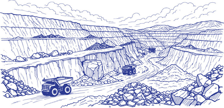 Rare Earth Mineral Open Pit Mine Vector Line Art, Layered Excavation Mining Quarry with Heavy Mining Trucks, Industrial Mineral Extraction Site, Surface Mining Operation, Natural Resource Mining Lands
