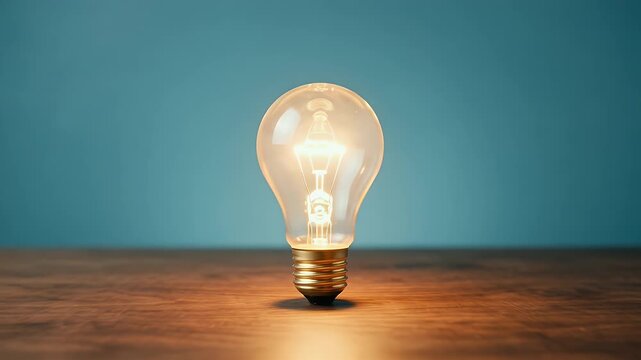 Static centered shot of a lit light bulb placed on a wooden surface against a clean teal background, subtle glow radiating from the filament, gentle cinematic push-in camera movement, soft studio ligh