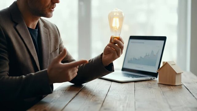 Medium shot of a professional holding a glowing light bulb above a wooden desk with a laptop and small house model in the background, subtle hand presentation forward as the camera performs a slow cin