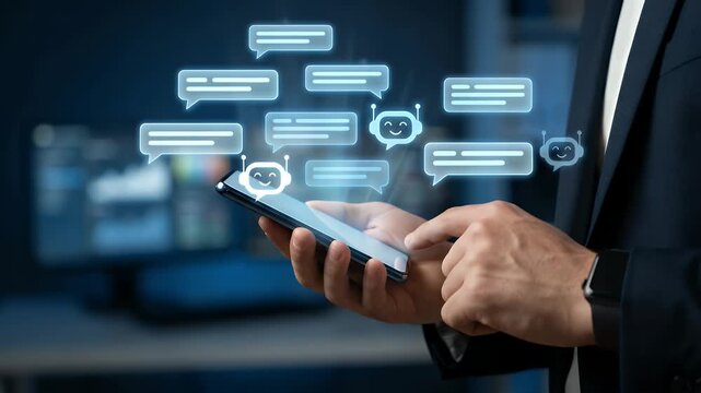 Close-up of a professional holding a smartphone while tapping the screen as a transparent chatbot icon and message bubbles appear above the device, subtle thumb movement initiating conversation, slow 