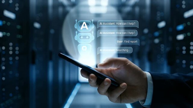 Close-up of a professional holding a smartphone while tapping the screen as a transparent chatbot icon and message bubbles appear above the device, subtle thumb movement initiating conversation, slow 