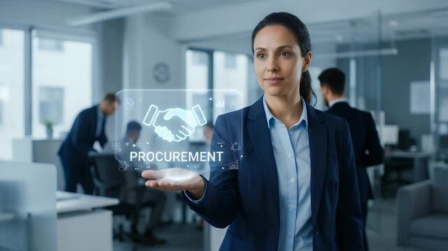 Medium close-up of a professional extending an open hand with a glowing procurement interface and handshake symbol hovering above the palm, subtle steady pose with minimal motion, slow cinematic push-