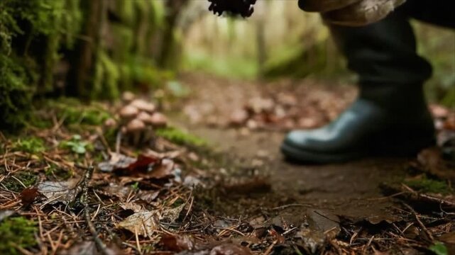 Man wearing wool gloves harvesting wild mushrooms in forest. Gatherer collecting fungi from ground. Autumn foraging for edible food in nature. Bushcraft activity.