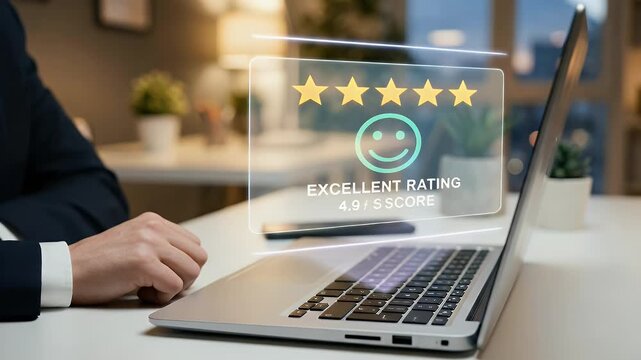 Close-up of a professional typing on a laptop while a floating customer review panel displays a five star rating and smiley score above the keyboard, index finger pressing a key, slow cinematic push-i