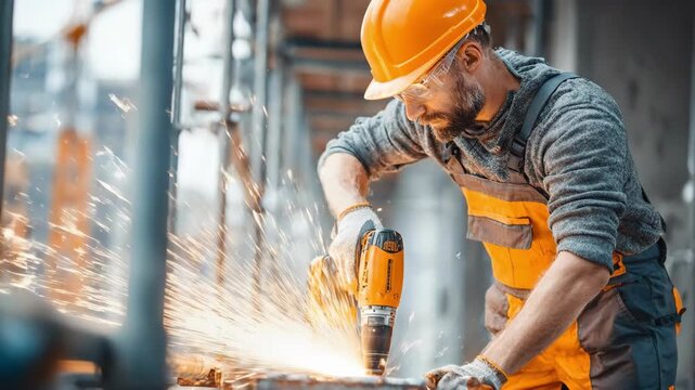 A construction worker using a grinder, sparks flying and a serious look on his face. The worker is wearing a safety helmet and glasses