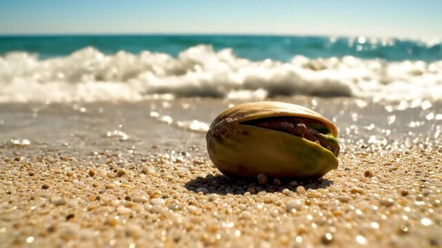 Open pistachio nut on sandy beach with sunlit ocean waves during a bright sunny day