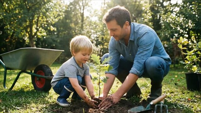 Father and caucasian kid planting a green tree in the garden. Man and young boy working together in backyard. Earth day concept for family eco education activity.