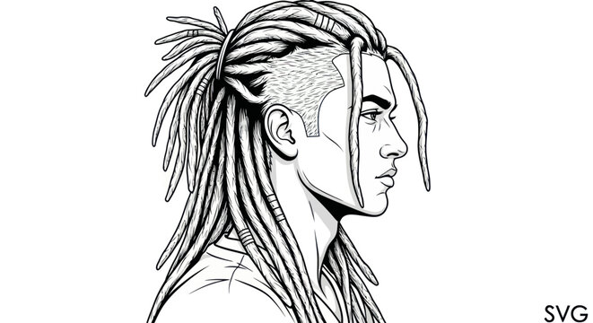 Man with long dreadlocks hairstyle, profile view, black and white illustration