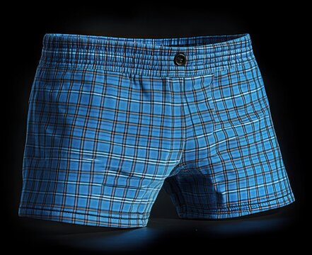 blue plaid men's boxer shorts with elastic waistband and button fly floating on dark background, cozy playful product shot